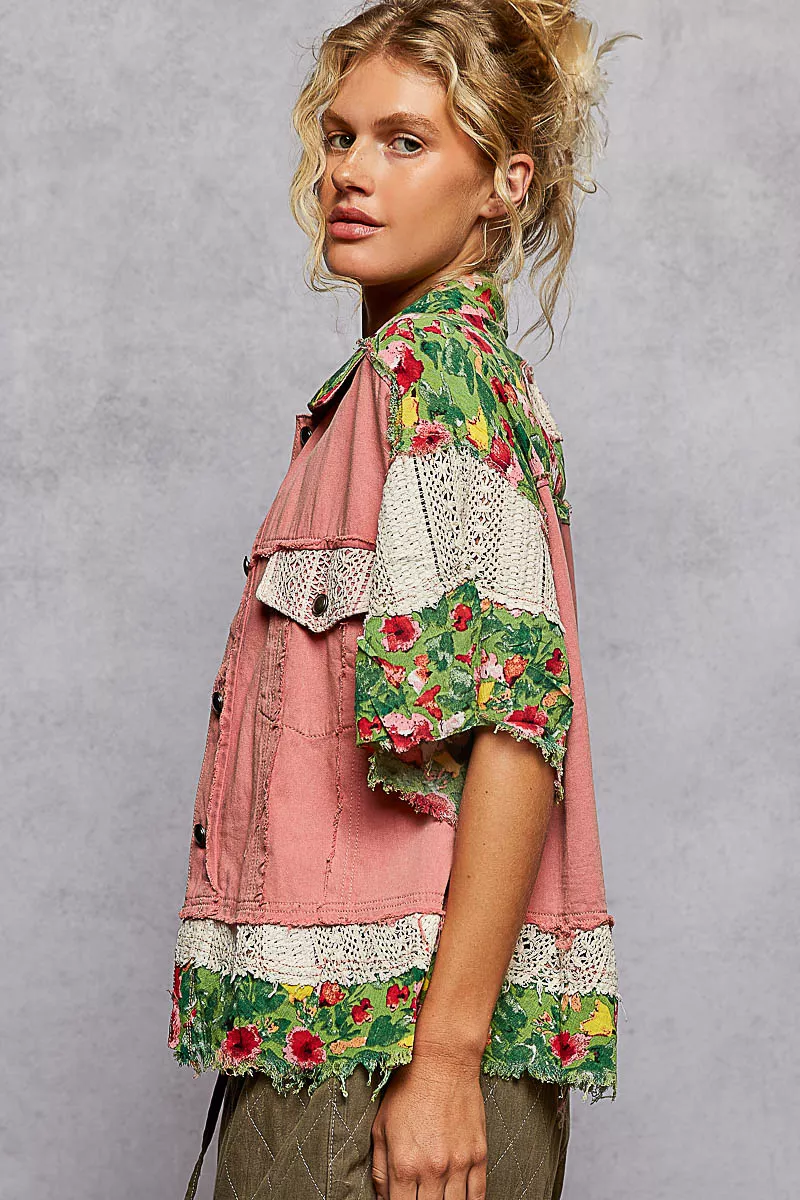 POL Lace Patch Floral Half Sleeve Shacket - Image 3
