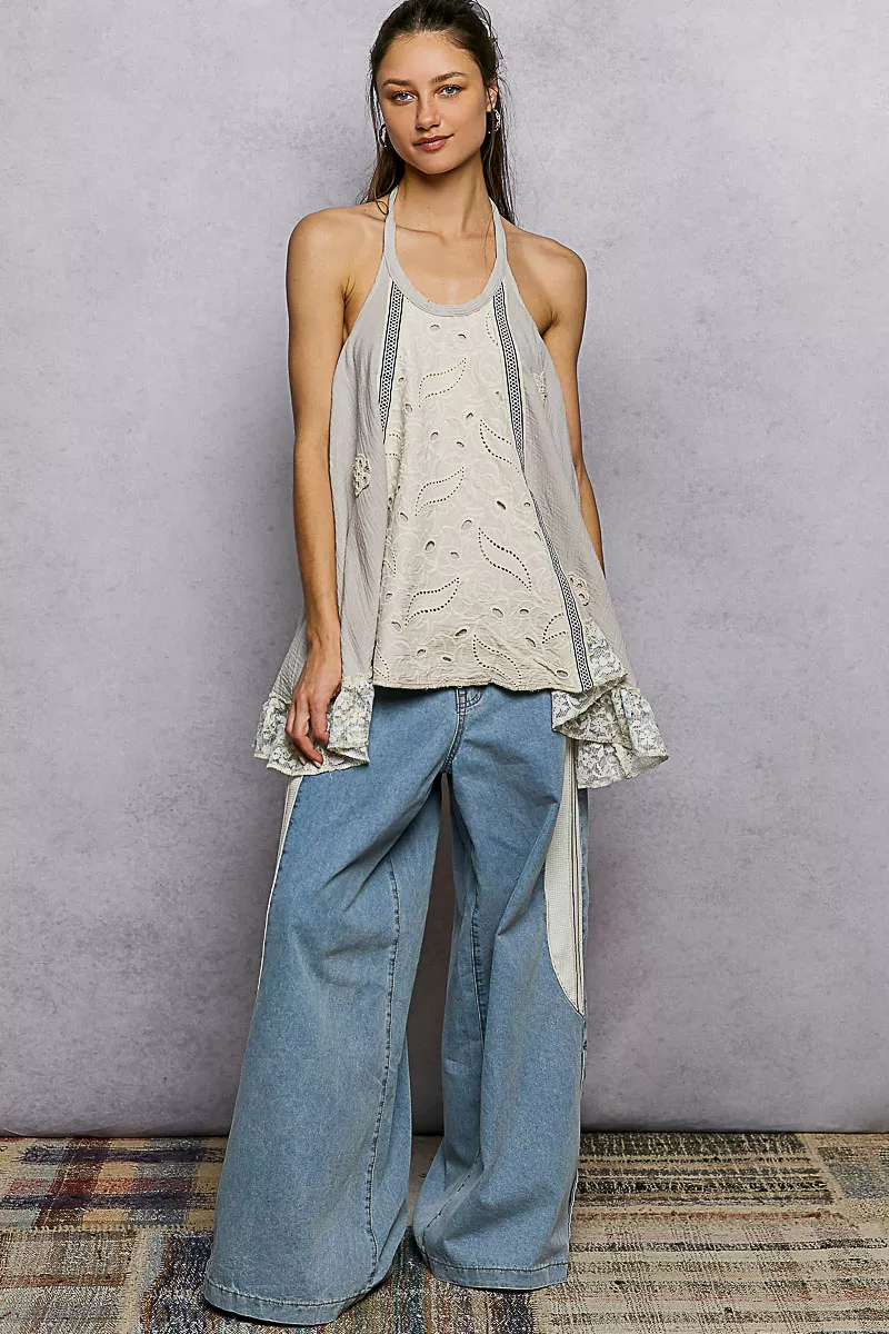 POL Lace Ruffle Halter Neck Double Gauze Top with Crochet Patch - Image 4