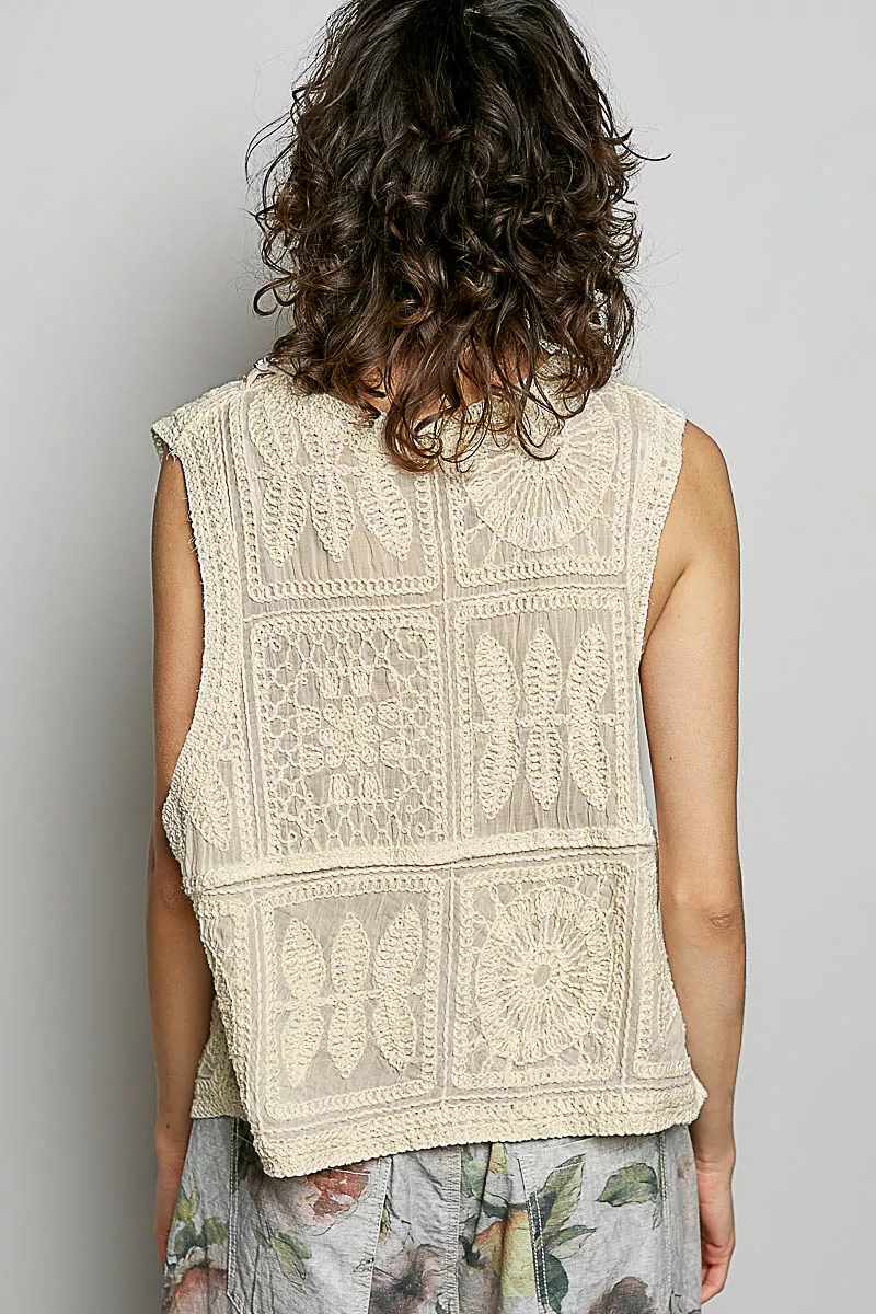 POL Lace Trim Embroidered Floral V-Neck Crochet Vest - Image 3