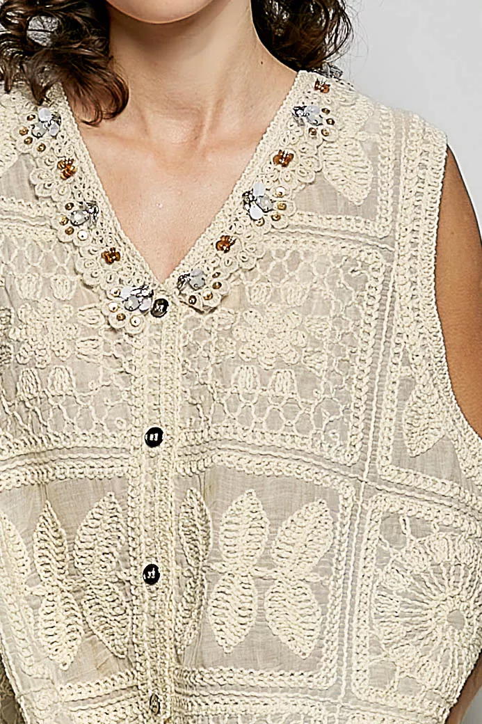 POL Lace Trim Embroidered Floral V-Neck Crochet Vest - Image 5