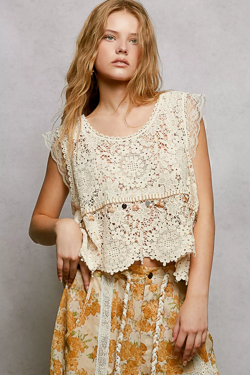 POL Lace Trim Openwork V-Neck Crochet Tank with Scalloped Edge - Image 2