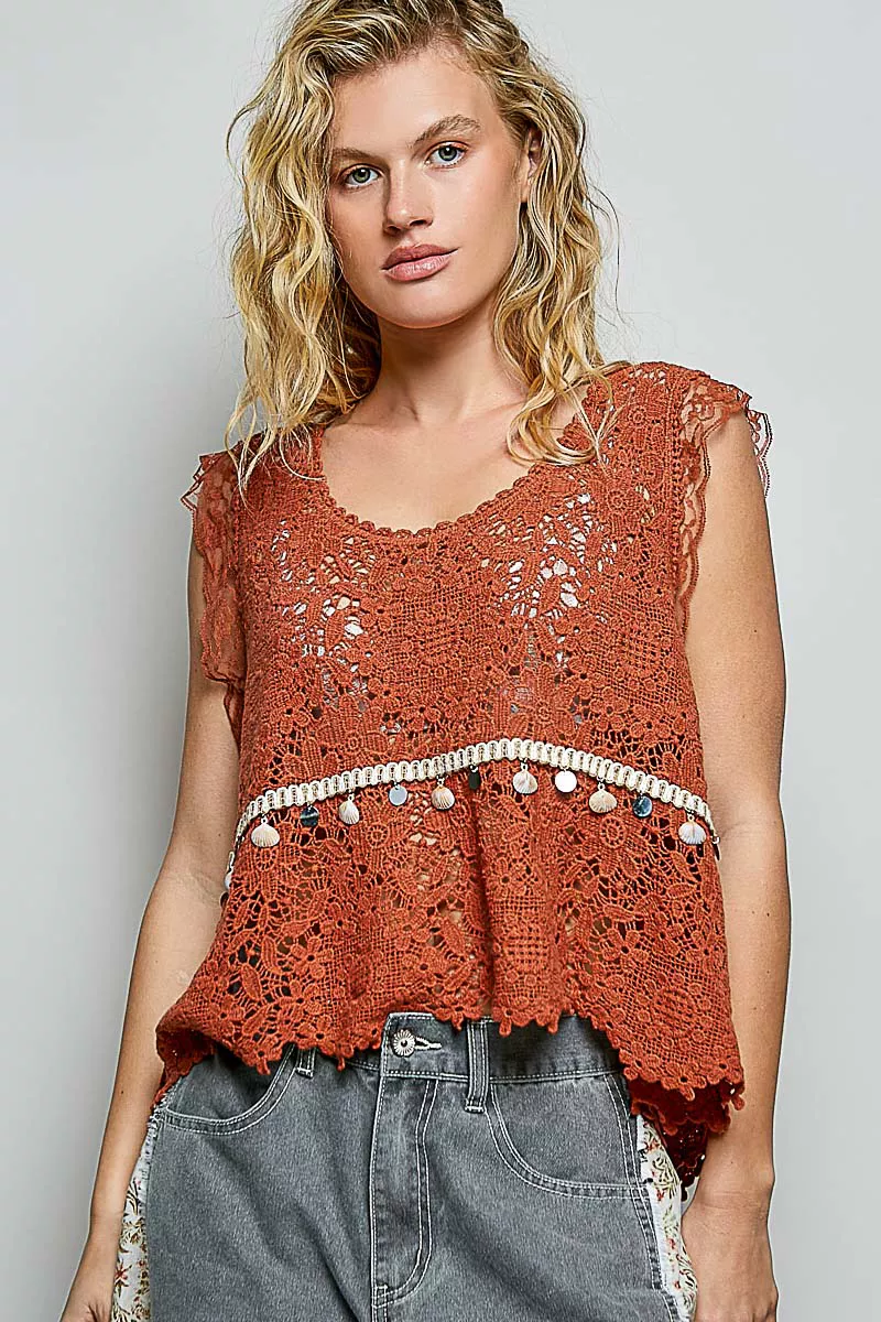POL Lace Trim Openwork V-Neck Crochet Tank with Scalloped Edge - Image 2