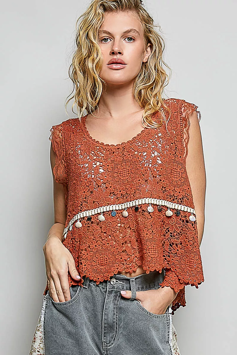 POL Lace Trim Openwork V-Neck Crochet Tank with Scalloped Edge - Image 3