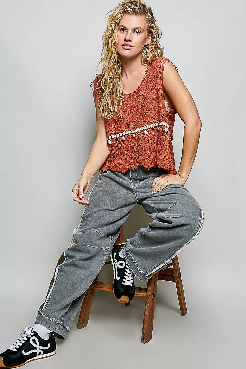 POL Lace Trim Openwork V-Neck Crochet Tank with Scalloped Edge - Image 5