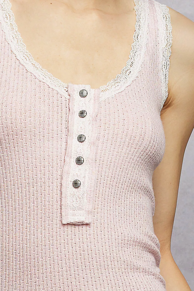 POL Lace Trim Tank with Front Button Closure - Image 5