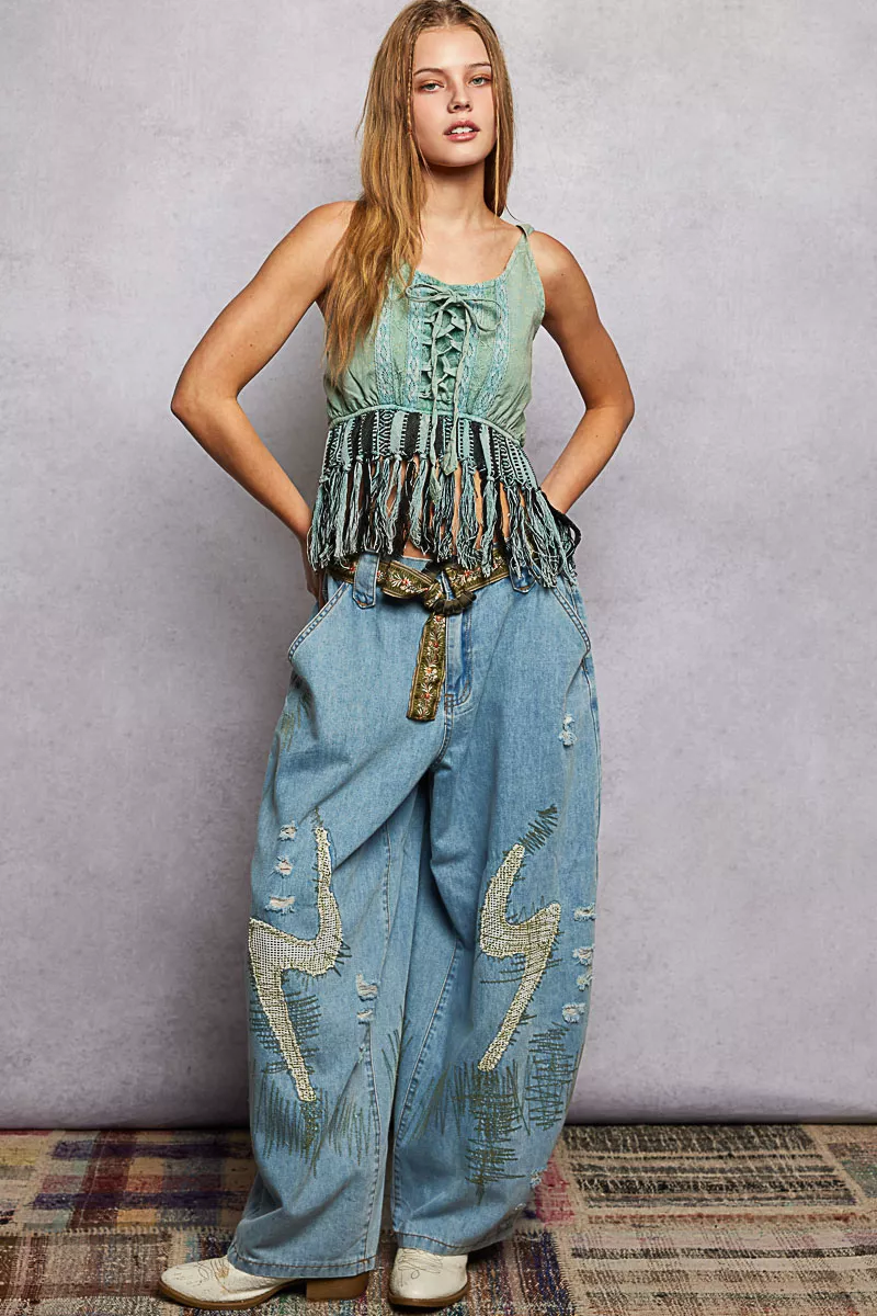 POL Lace-Up Fringe Hem Tank with Lace Detail - Image 5