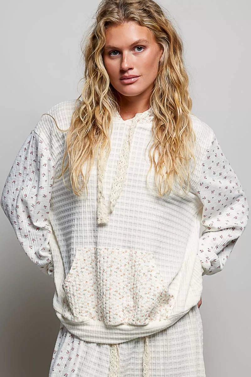 POL Mixed Knit Contrast Print Sleeve Hoodie with Kangaroo Pocket