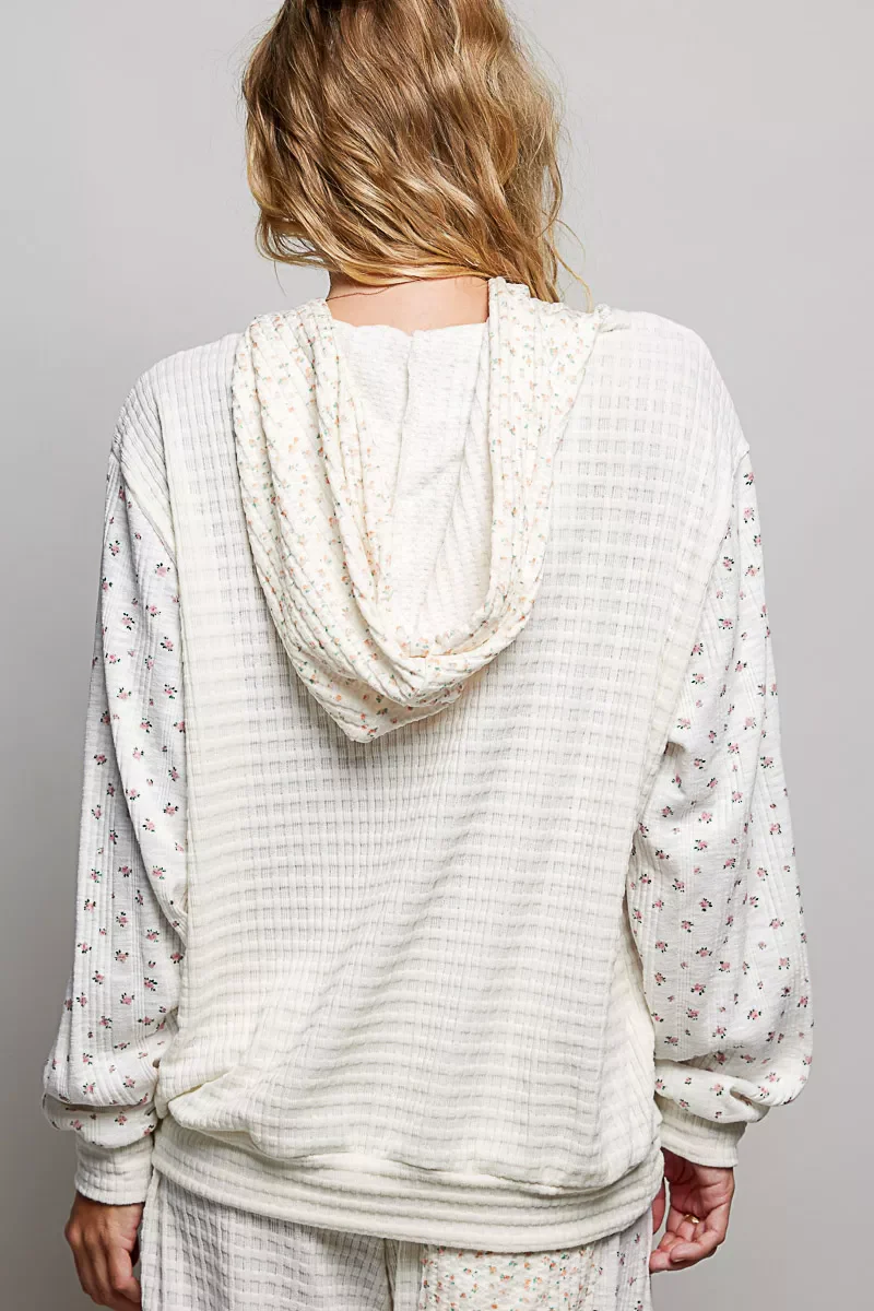 POL Mixed Knit Contrast Print Sleeve Hoodie with Kangaroo Pocket - Image 3