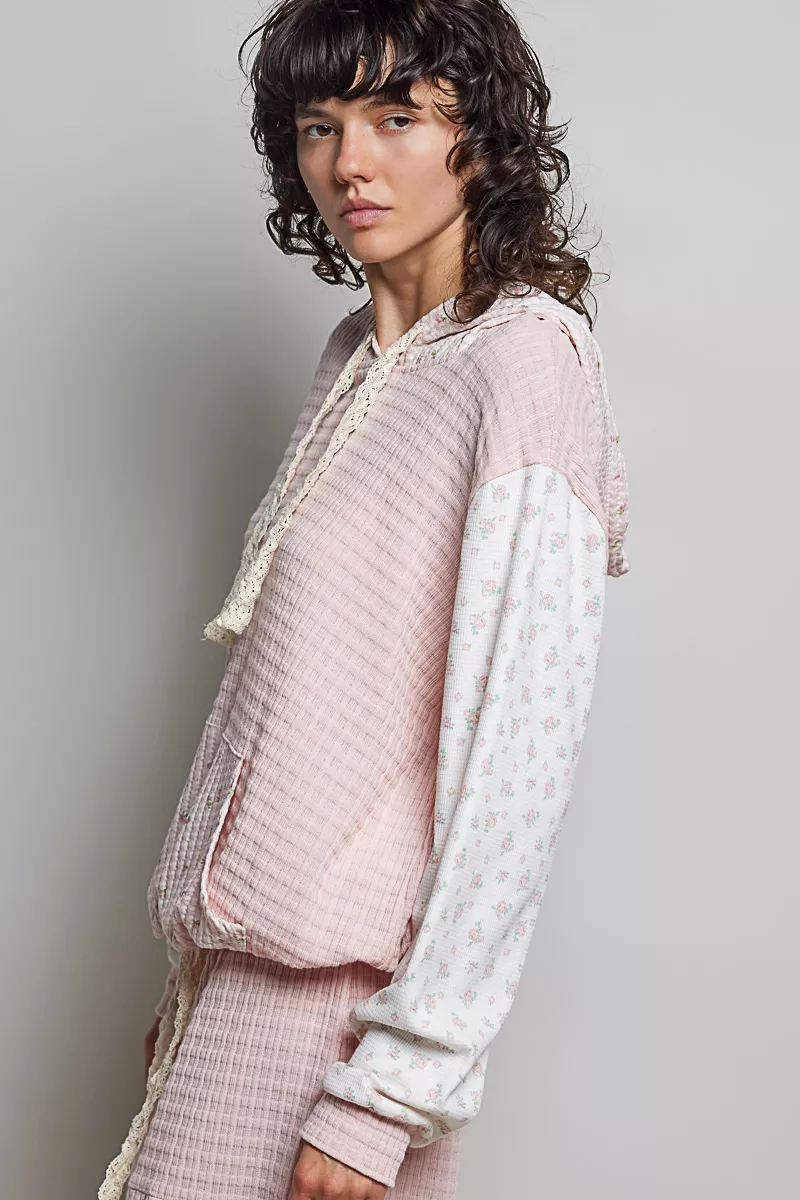 POL Mixed Knit Contrast Print Sleeve Hoodie with Kangaroo Pocket - Image 2