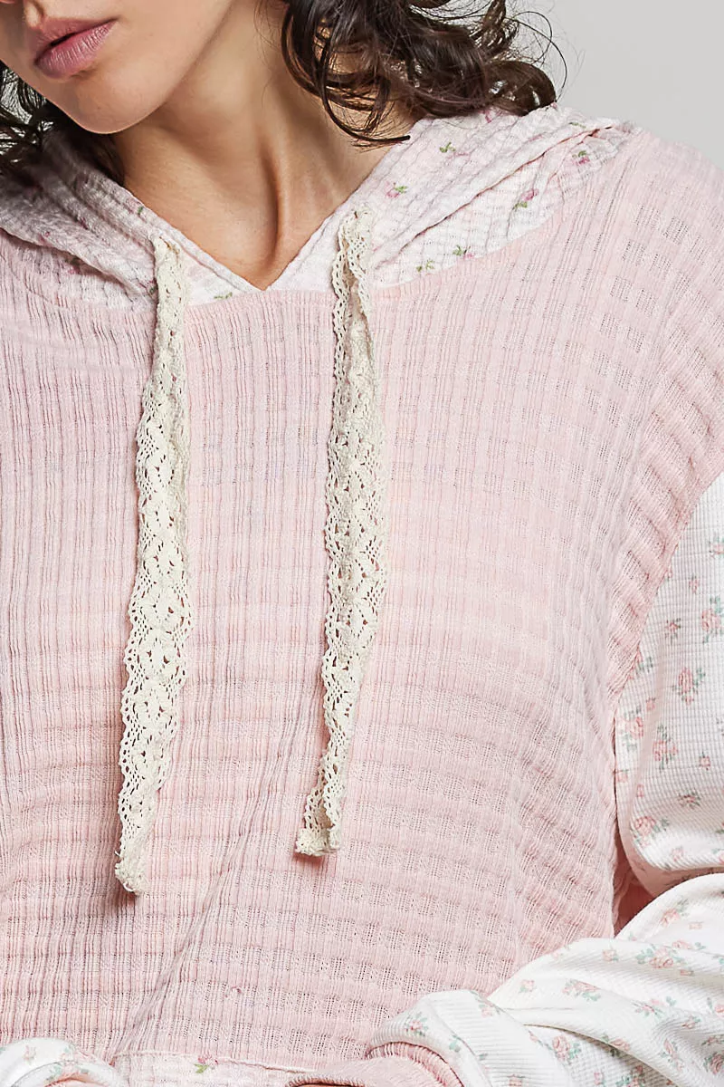 POL Mixed Knit Contrast Print Sleeve Hoodie with Kangaroo Pocket - Image 6