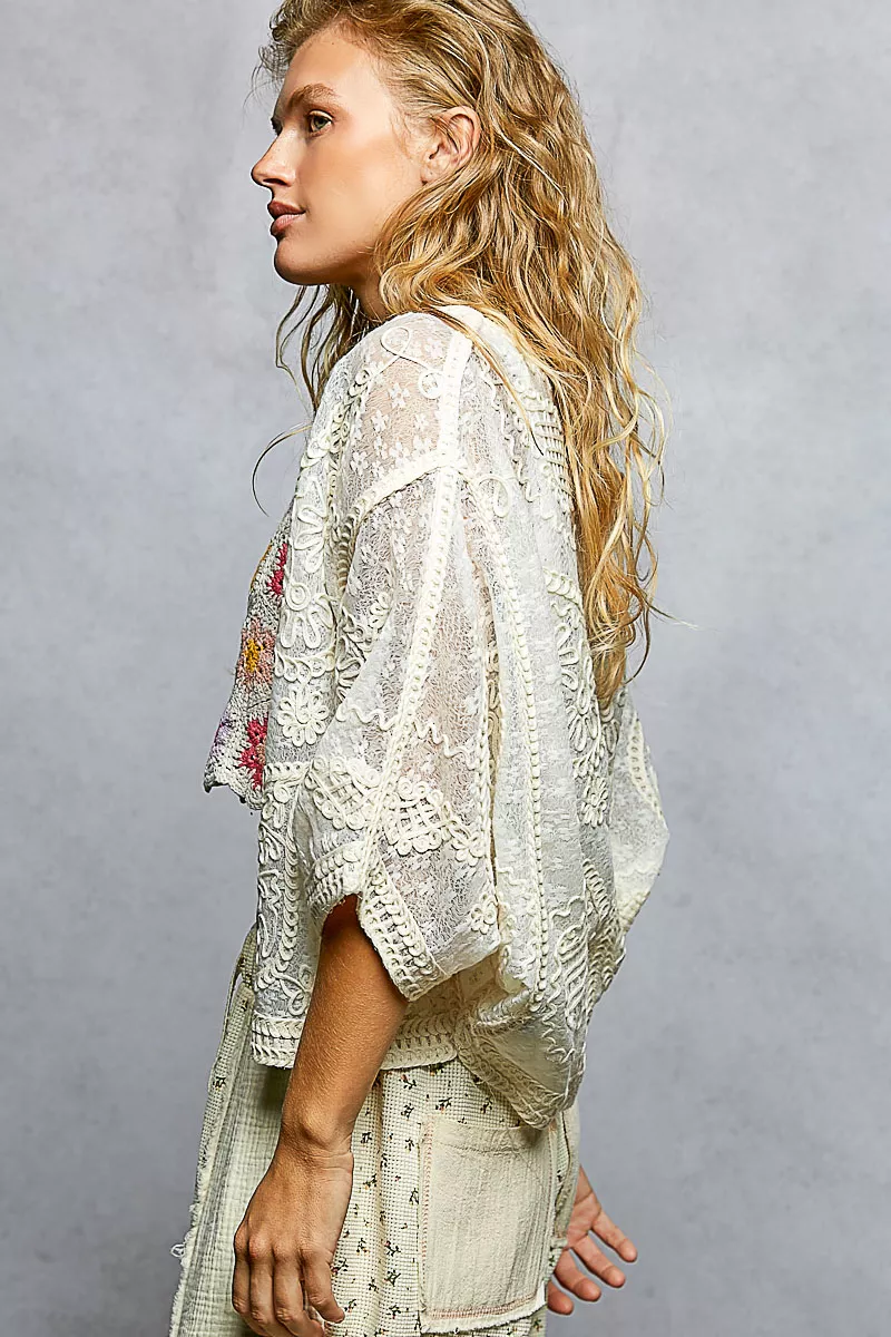 POL Open Front Crochet Cardigan with Floral Embroidery - Image 4