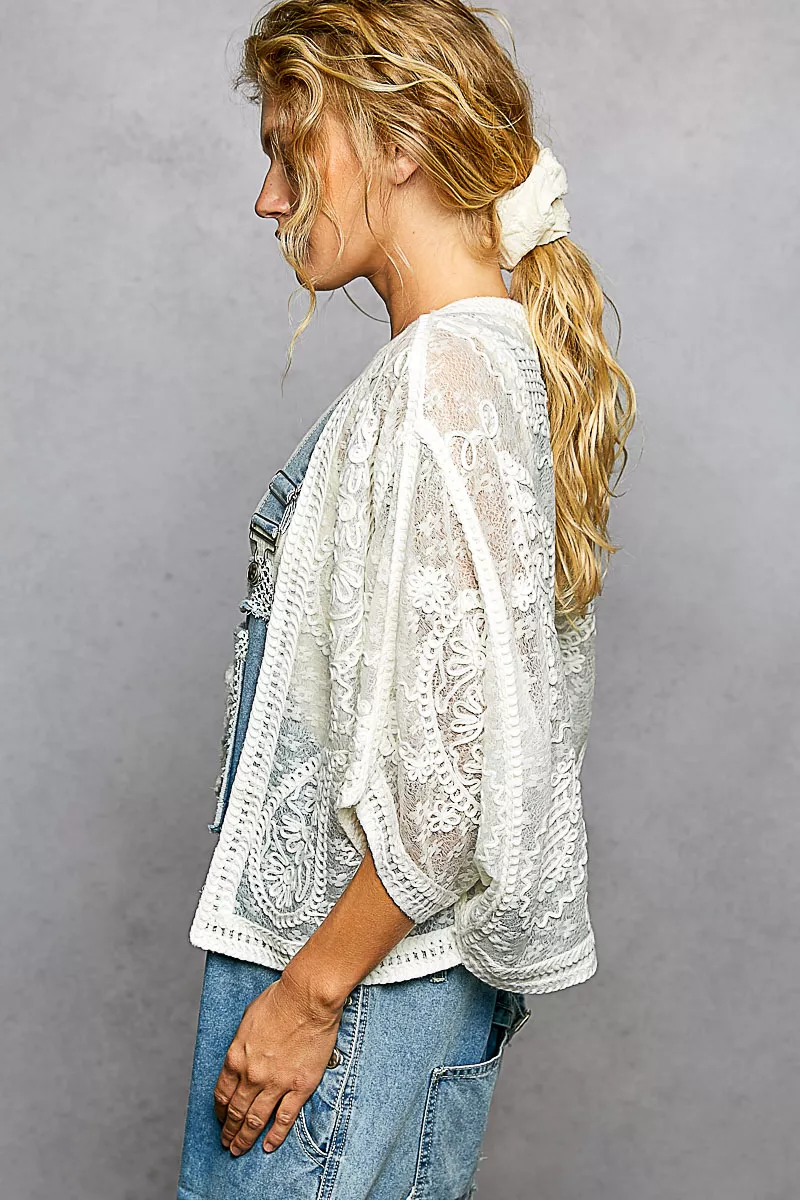 POL Open Front Crochet Cardigan with Floral Embroidery - Image 3