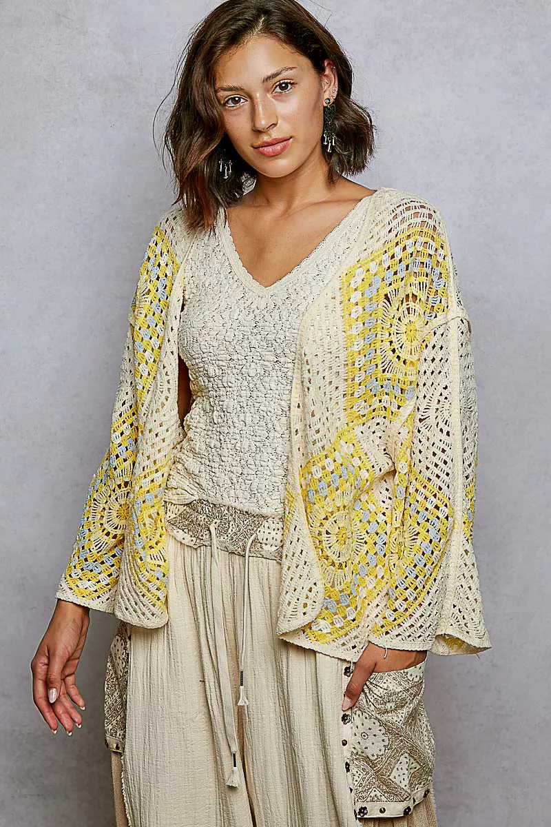 POL Open Front Crochet Cardigan with Granny Square Pattern - Image 2
