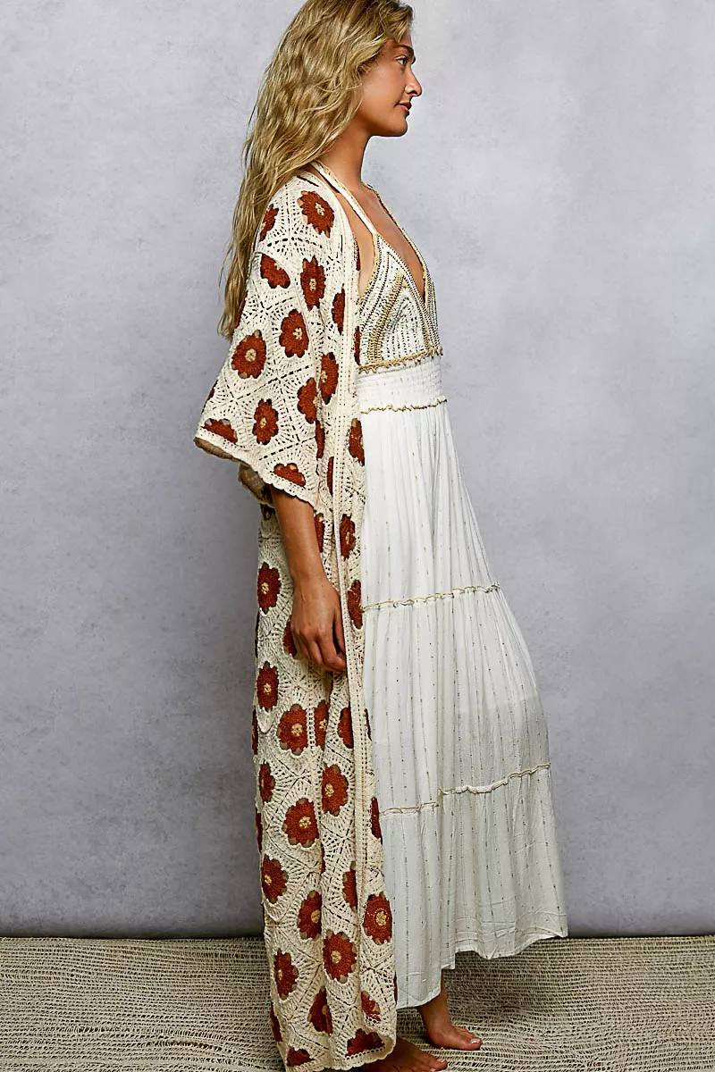 POL Open Front Floral Crochet Longline Cardigan - Image 3