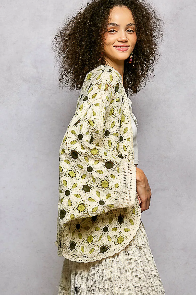 POL Open Front Floral Pattern Crochet Cardigan - Image 3