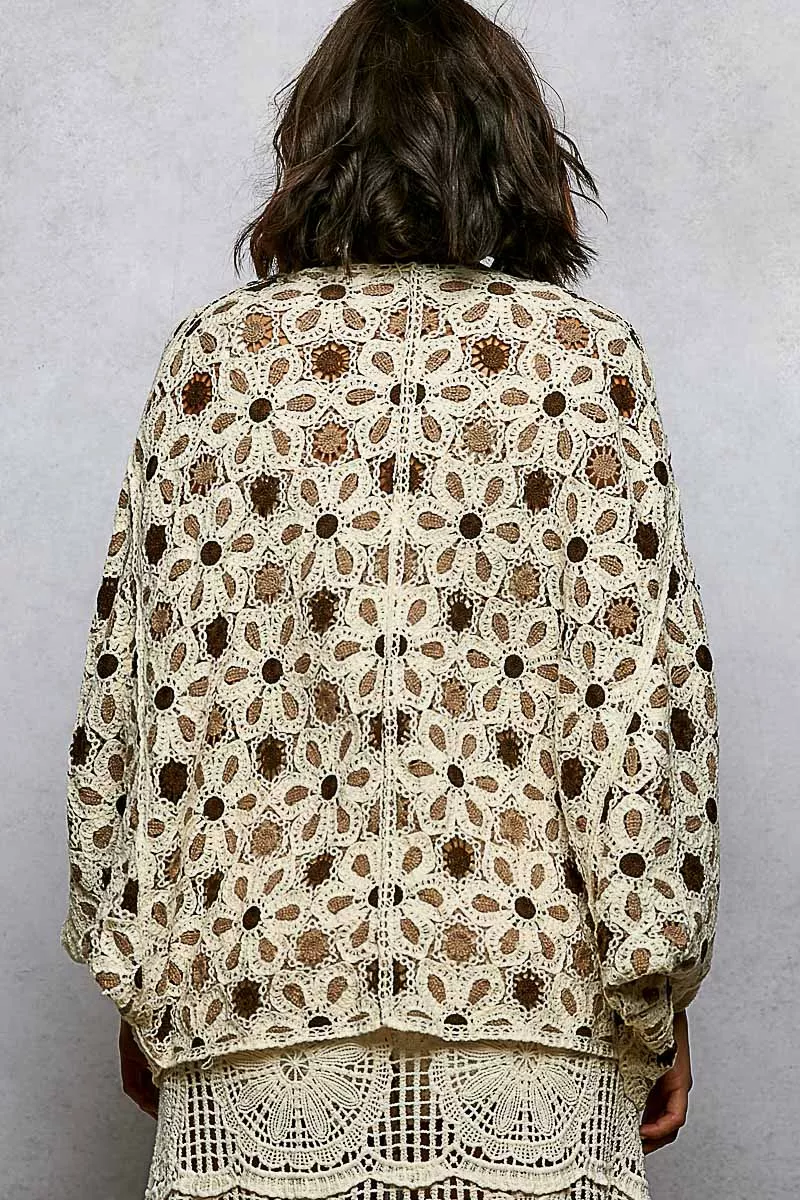 POL Open Front Floral Pattern Crochet Cardigan - Image 3