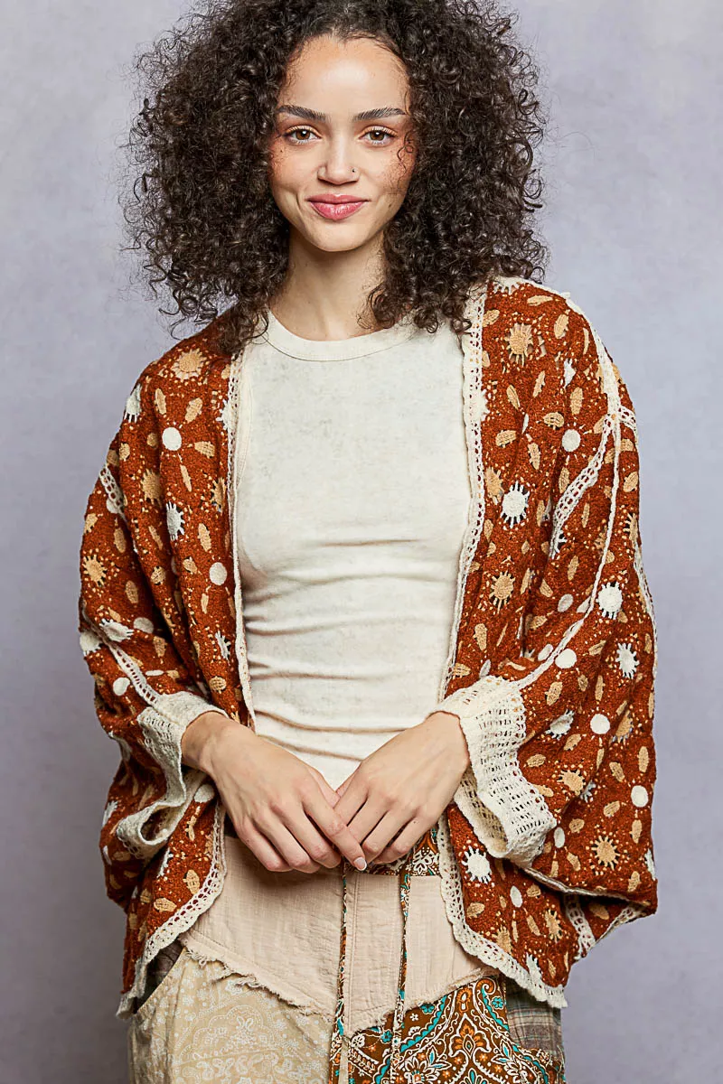 POL Open Front Floral Pattern Crochet Cardigan - Image 2