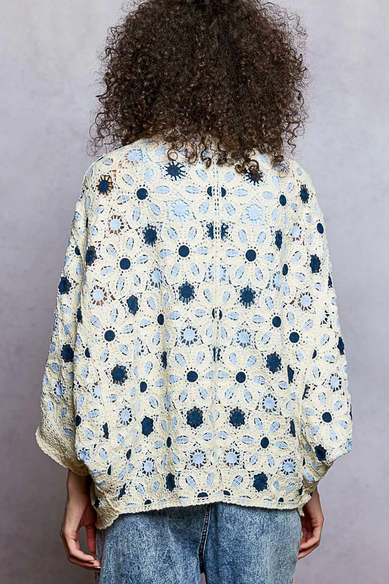 POL Open Front Floral Pattern Crochet Cardigan - Image 4