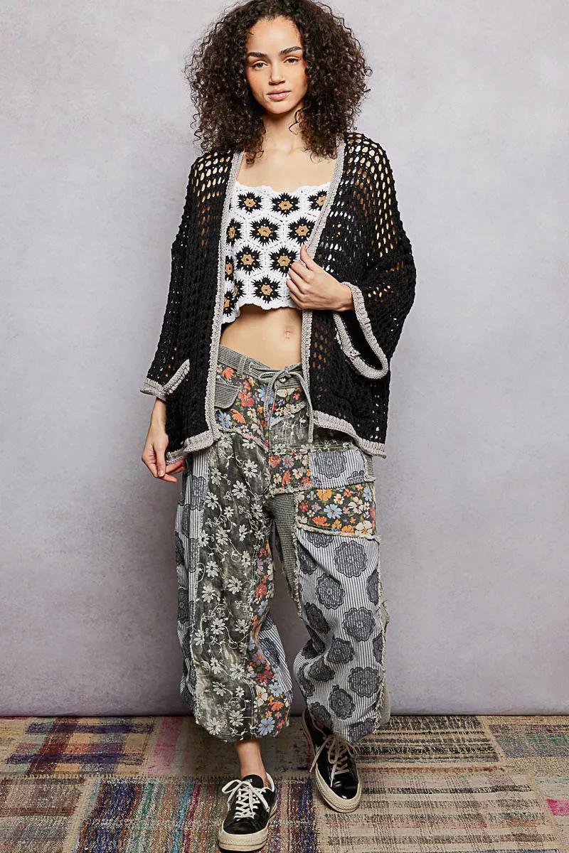 POL Open Front Openwork Cardigan with Contrast Trim - Image 5
