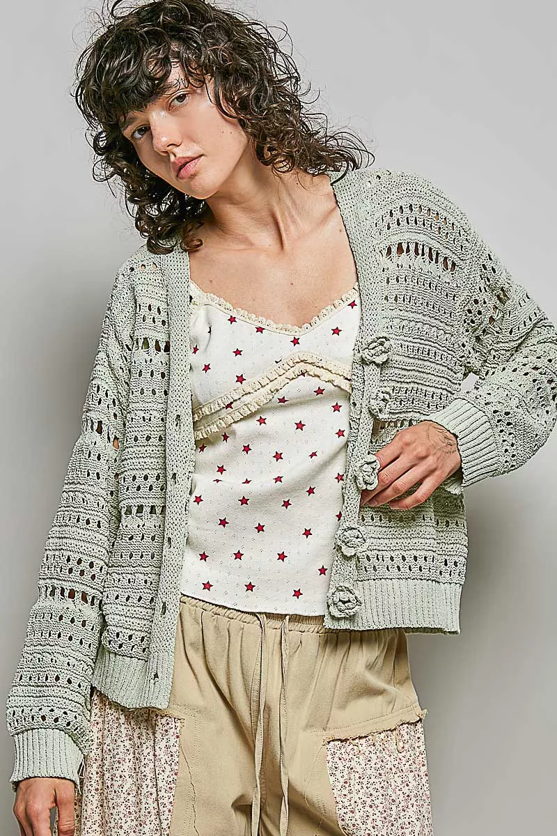 POL Open-Knit Floral Button Cardigan - Image 2