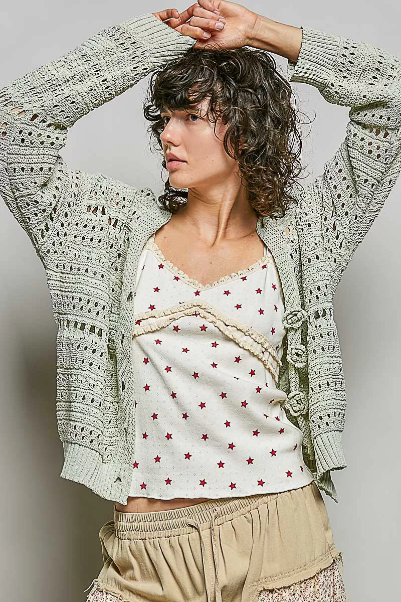 POL Open-Knit Floral Button Cardigan - Image 3