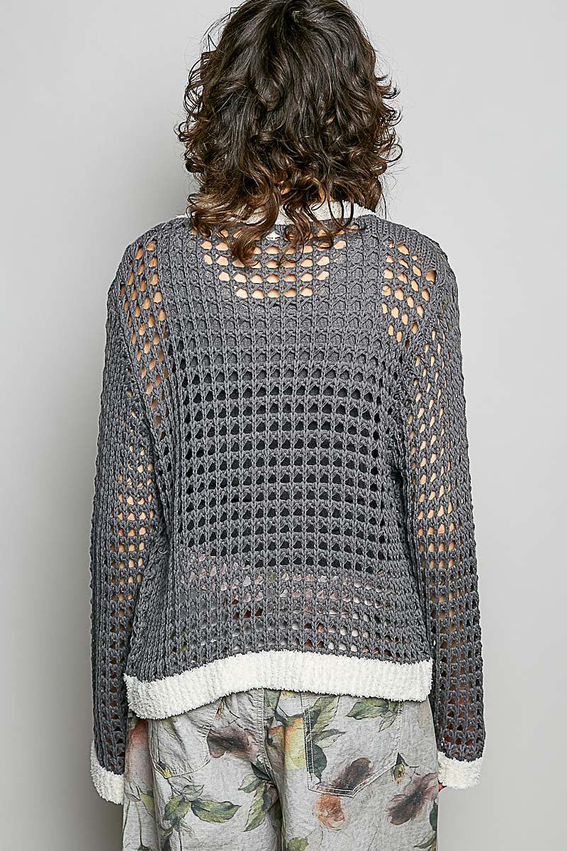 POL Openwork Contrast Cardigan with Floral Metal Button - Image 4
