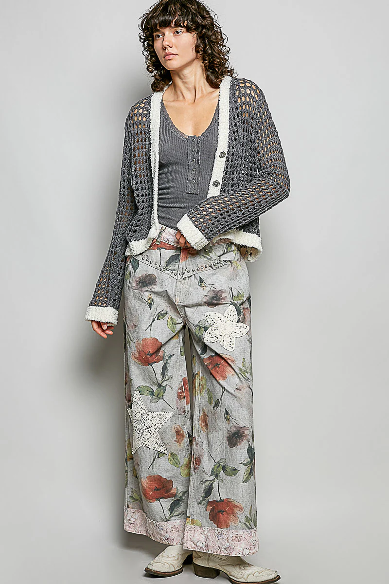 POL Openwork Contrast Cardigan with Floral Metal Button - Image 5