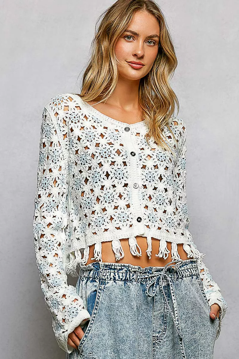 POL Openwork Floral Crochet Cardigan with Tassel Hem - Image 2