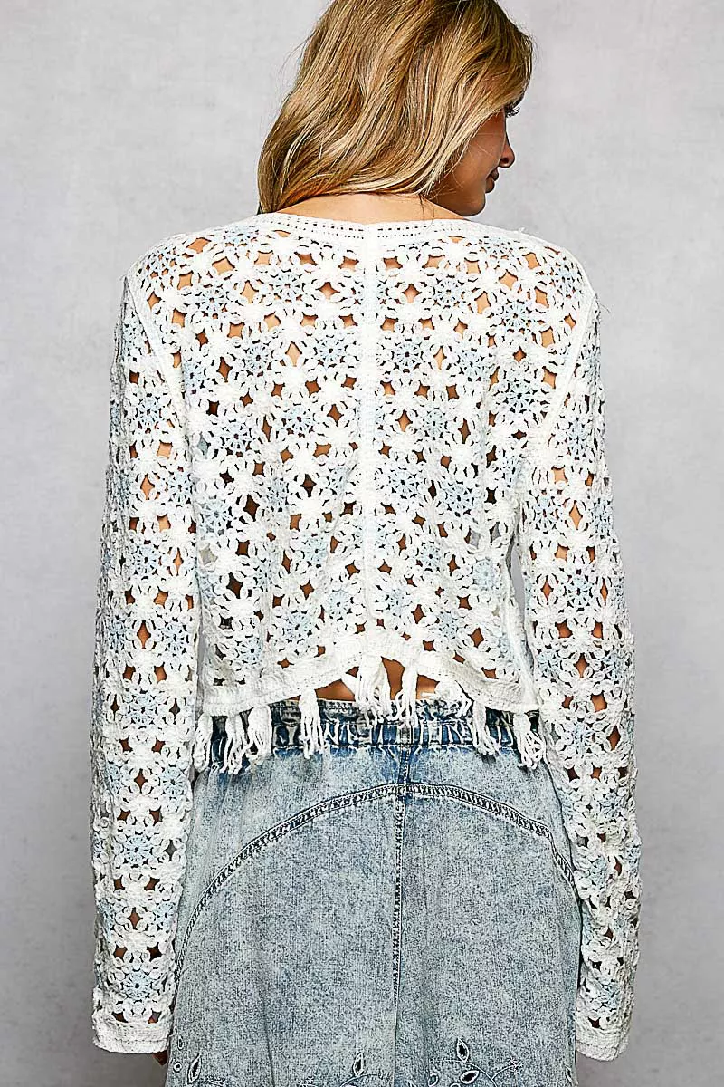 POL Openwork Floral Crochet Cardigan with Tassel Hem - Image 4