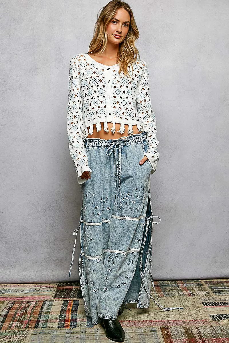 POL Openwork Floral Crochet Cardigan with Tassel Hem - Image 5