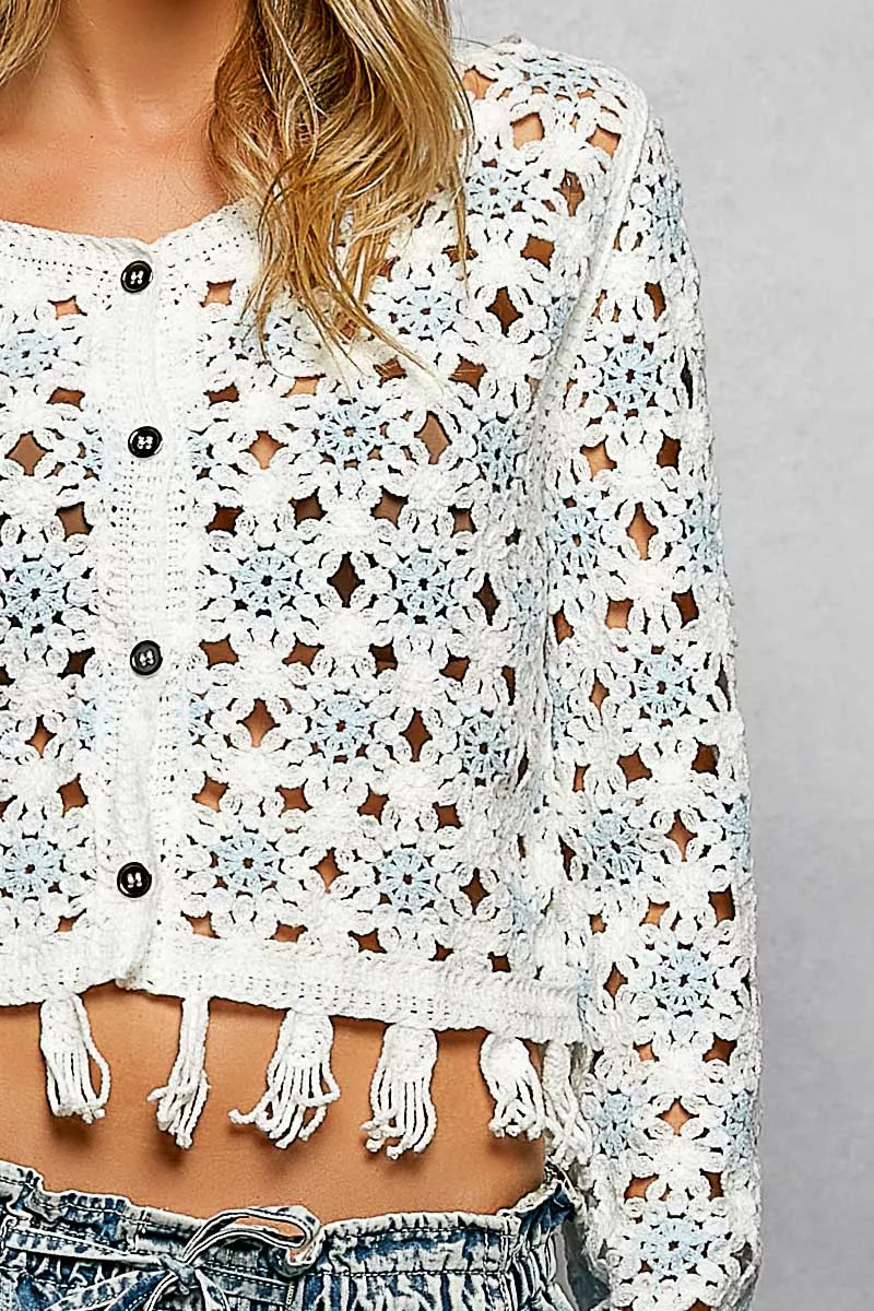 POL Openwork Floral Crochet Cardigan with Tassel Hem - Image 6