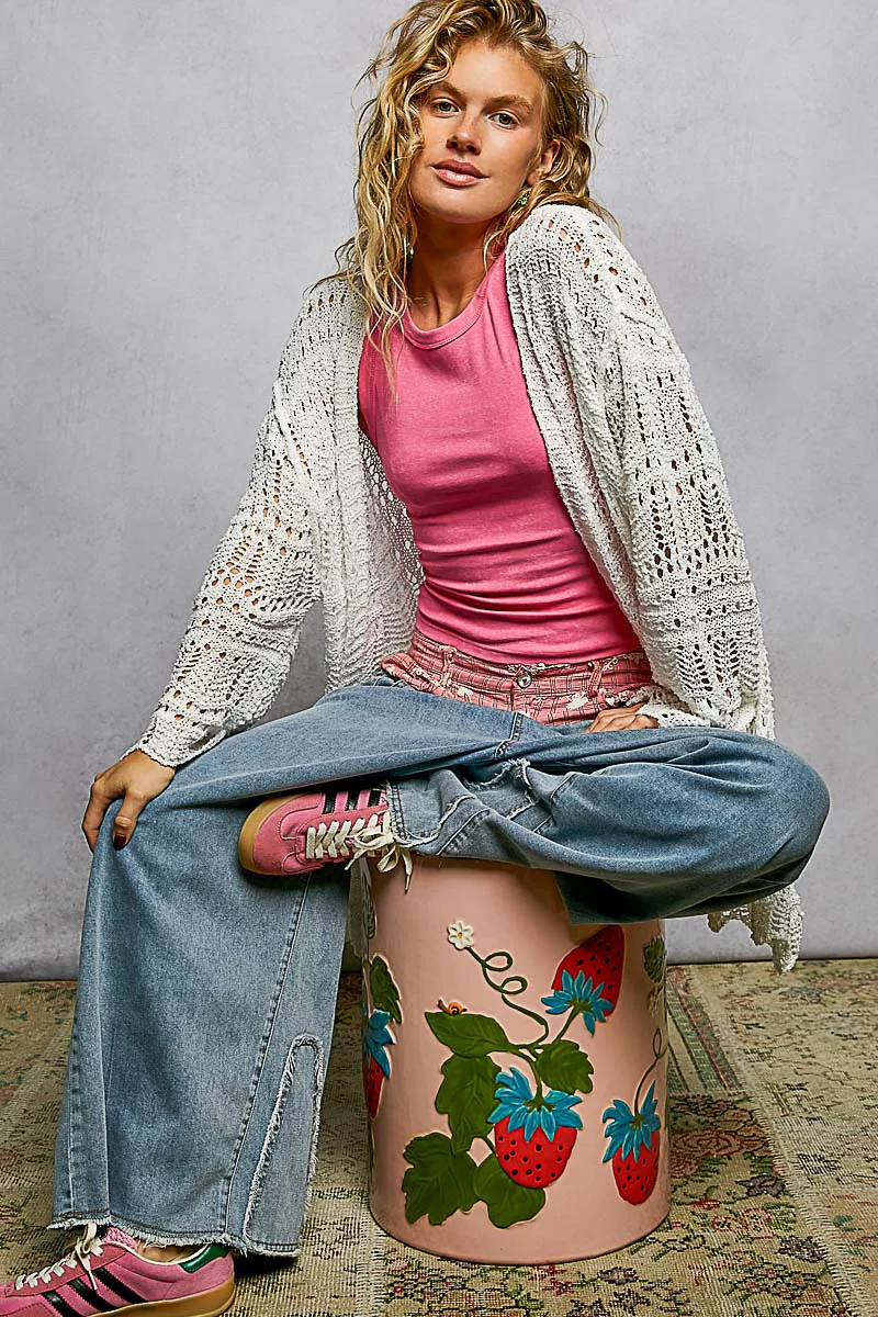 POL Openwork Lightweight Open Front Cardigan with Scalloped Edge - Image 12