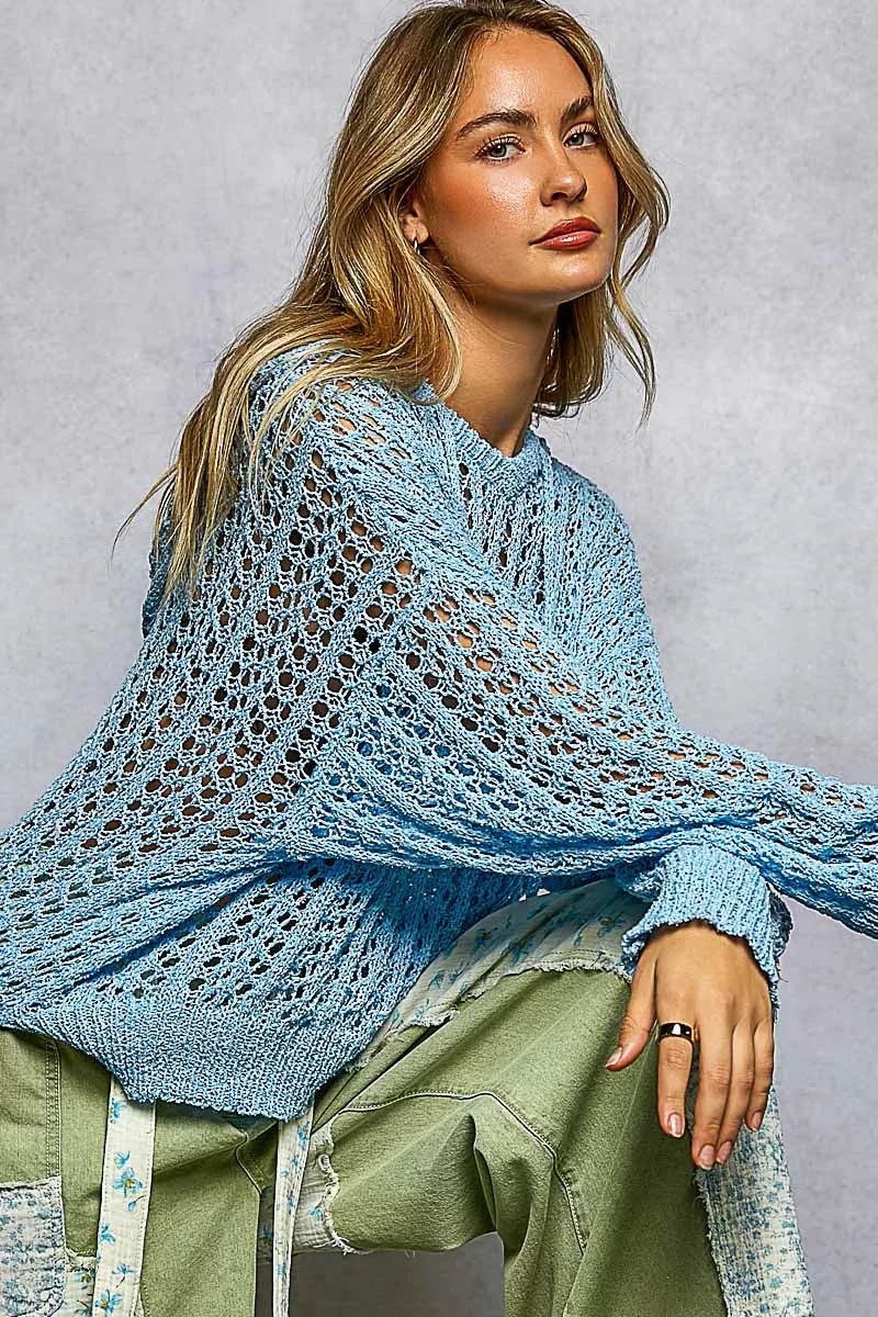 POL Openwork Round Neck High Low Knit Top - Image 5