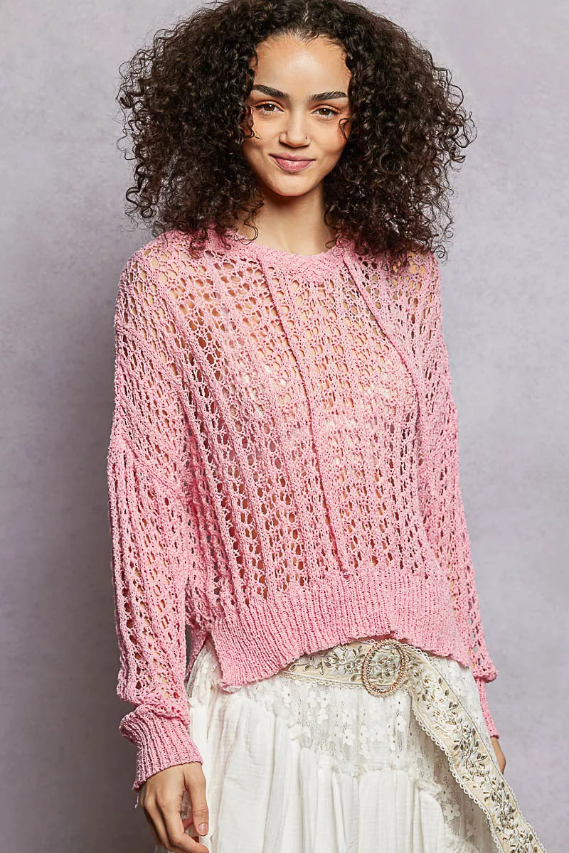 POL Openwork Round Neck High Low Knit Top - Image 2