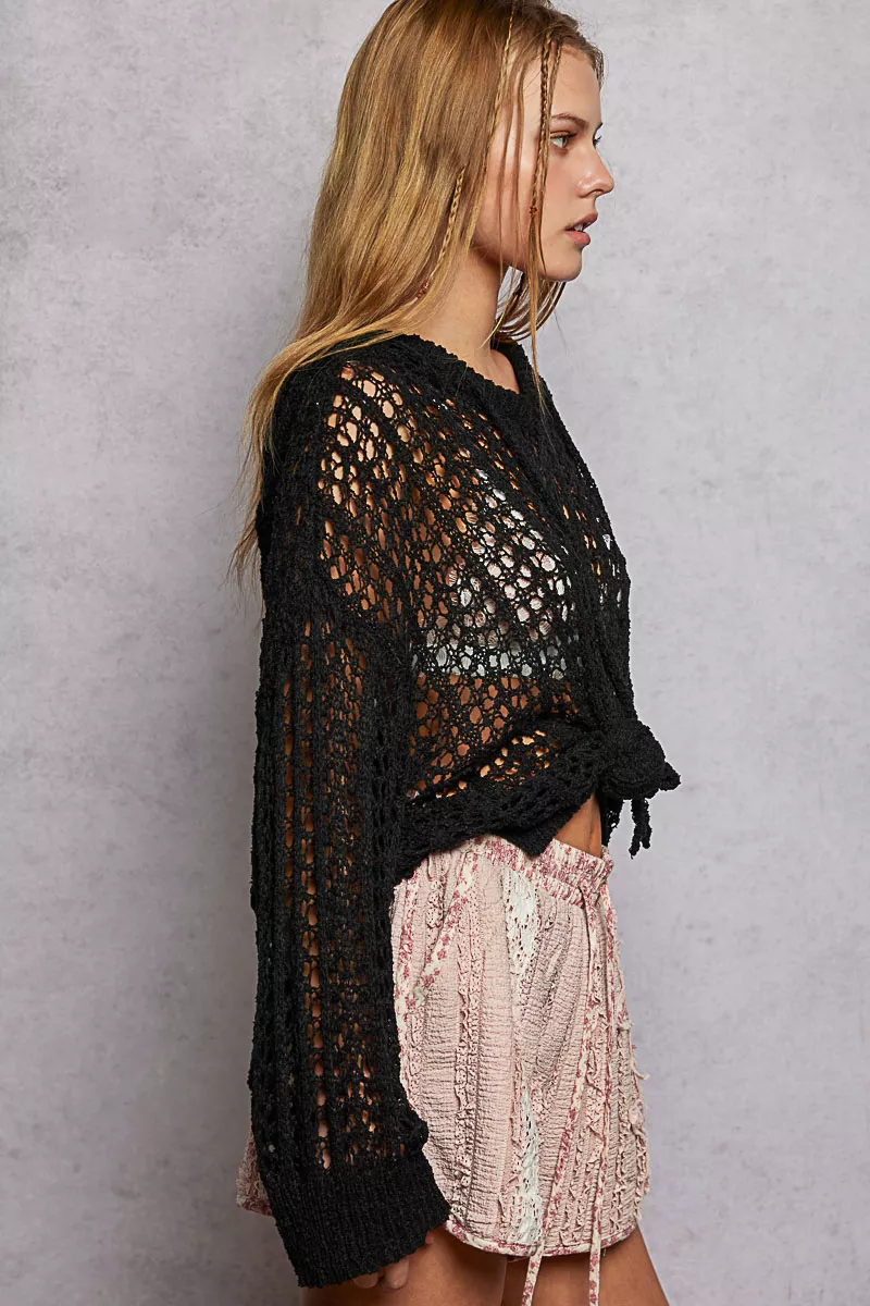 POL Openwork Round Neck High Low Knit Top - Image 3