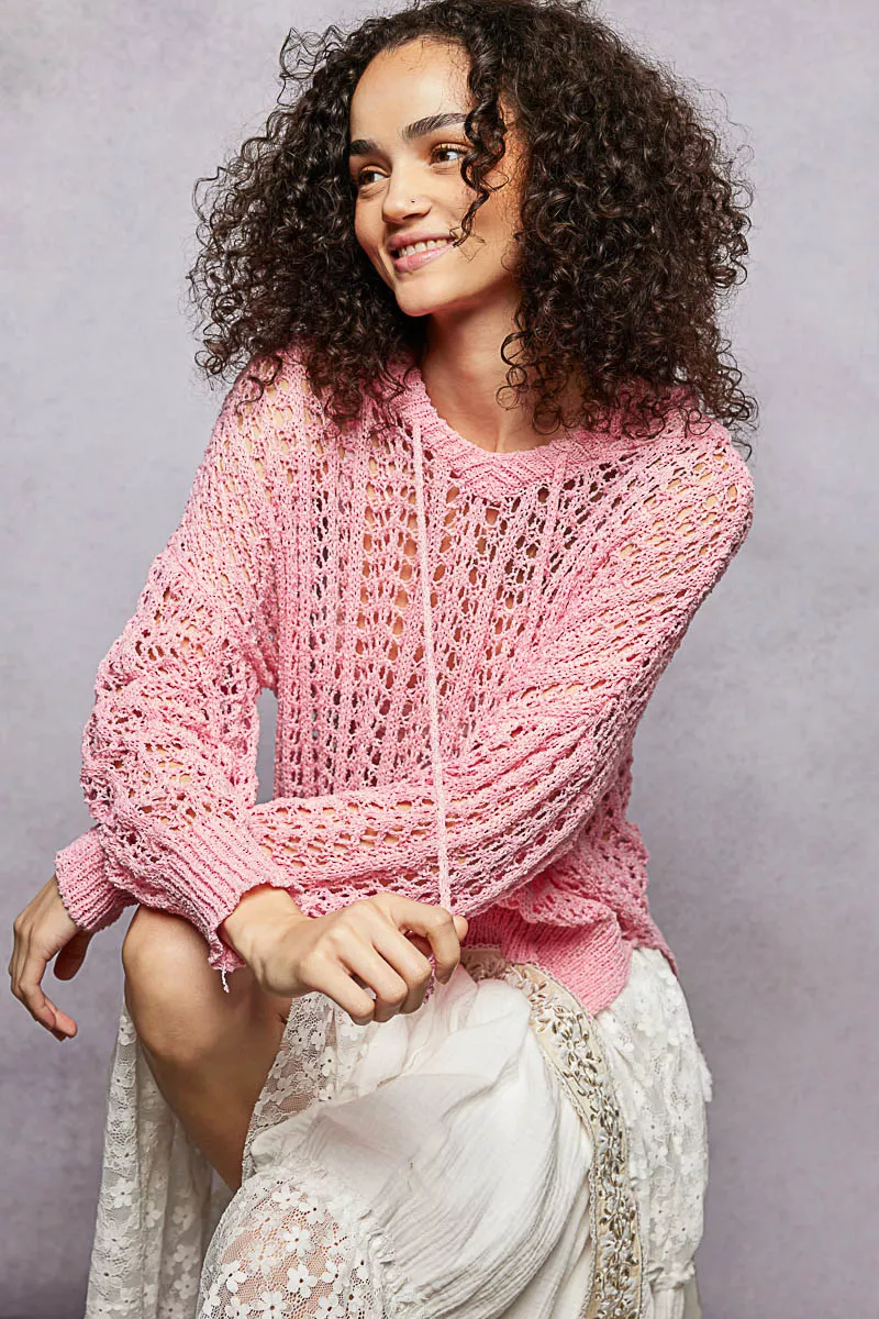 POL Openwork Round Neck High Low Knit Top - Image 5