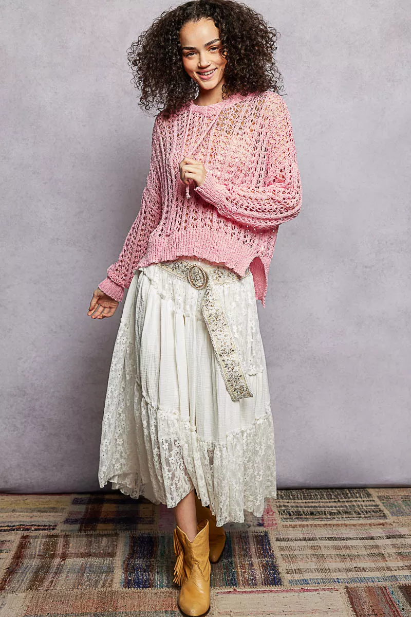 POL Openwork Round Neck High Low Knit Top - Image 7