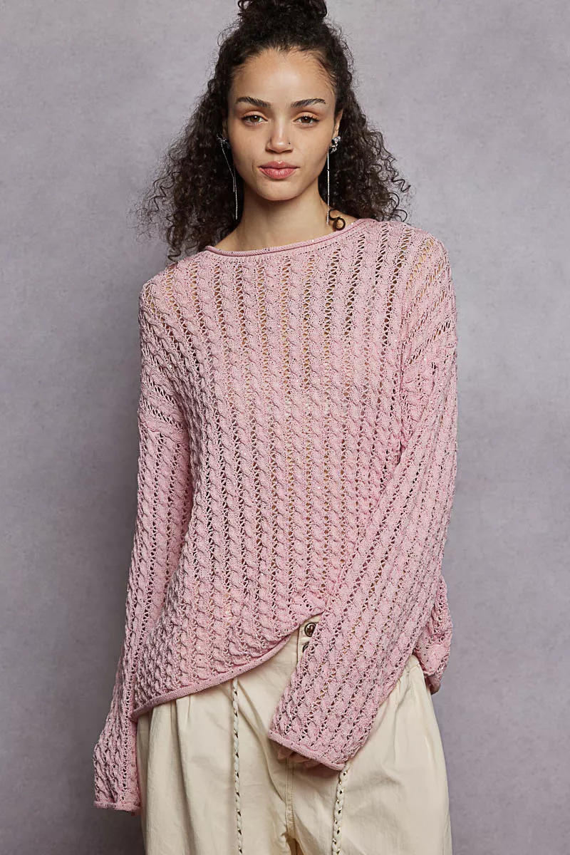 POL Openwork Round Neck Knit Top with Shiny Detail - Image 2