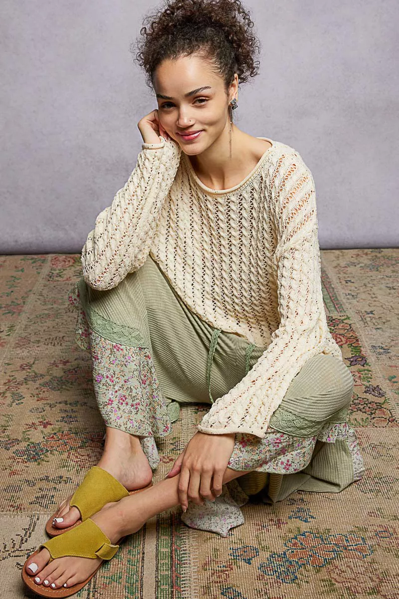POL Openwork Round Neck Knit Top with Shiny Detail - Image 3