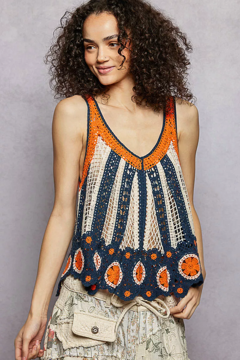 POL Openwork Stripe Pattern Flowy Tank with Scalloped Edge - Image 2