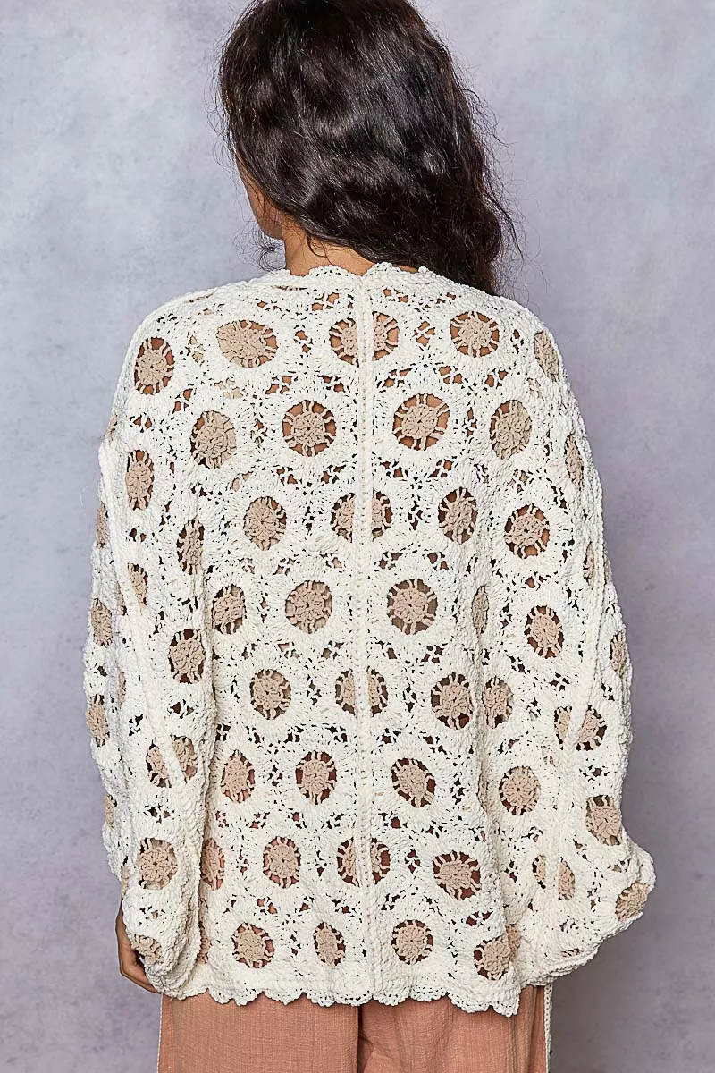 POL Openwork V-Neck Chenille Cardigan with Contrast Floral - Image 10