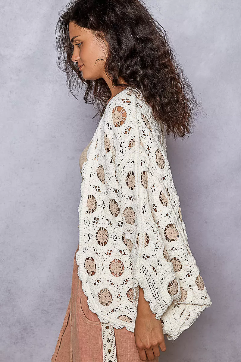POL Openwork V-Neck Chenille Cardigan with Contrast Floral - Image 11