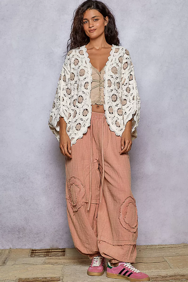 POL Openwork V-Neck Chenille Cardigan with Contrast Floral - Image 13