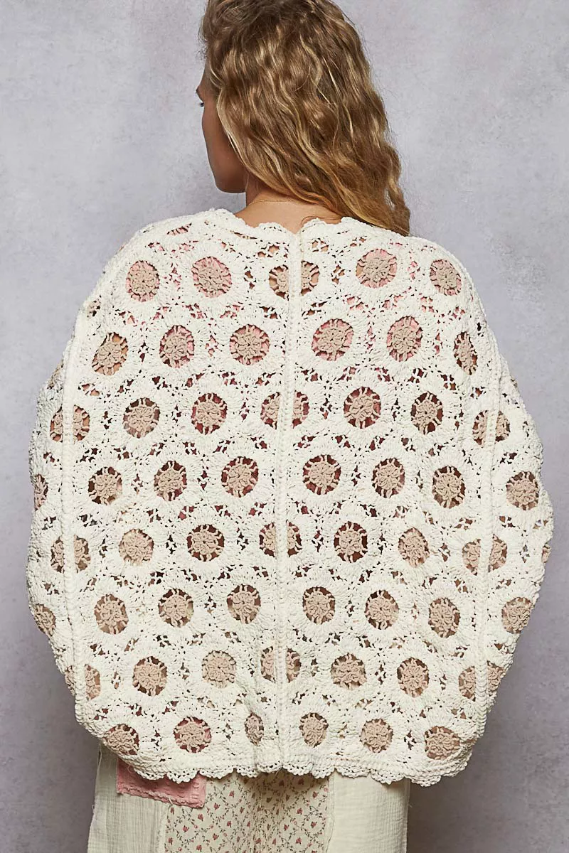 POL Openwork V-Neck Chenille Cardigan with Contrast Floral - Image 4