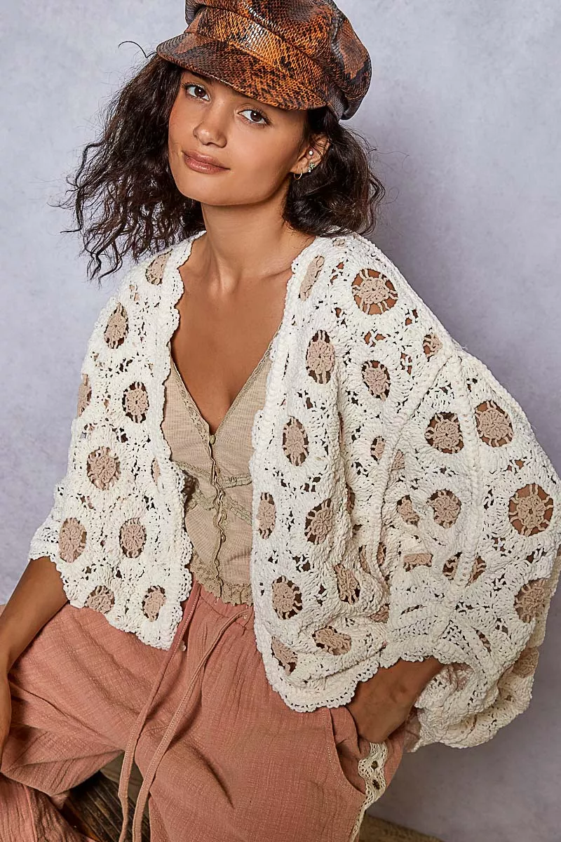 POL Openwork V-Neck Chenille Cardigan with Contrast Floral - Image 7