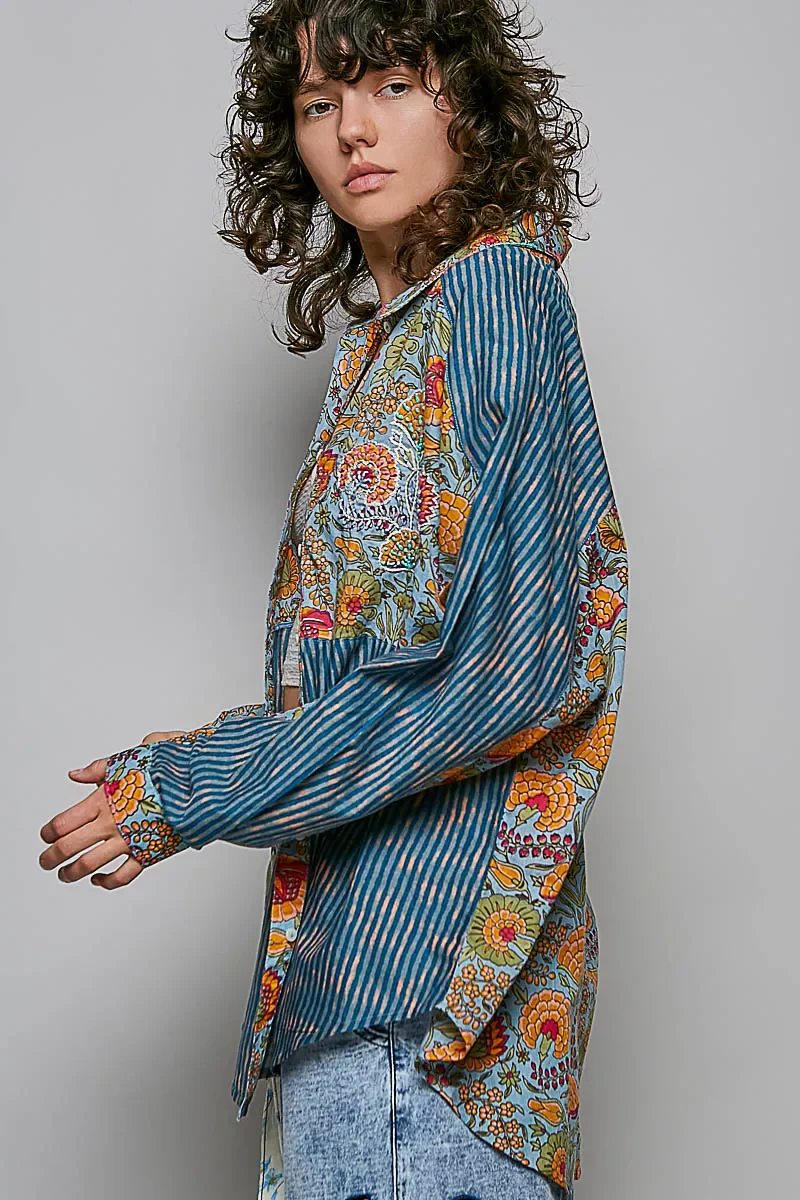 POL Patchwork Mixed Textured Paisley Floral Stripe Long Sleeve Shirt - Image 2