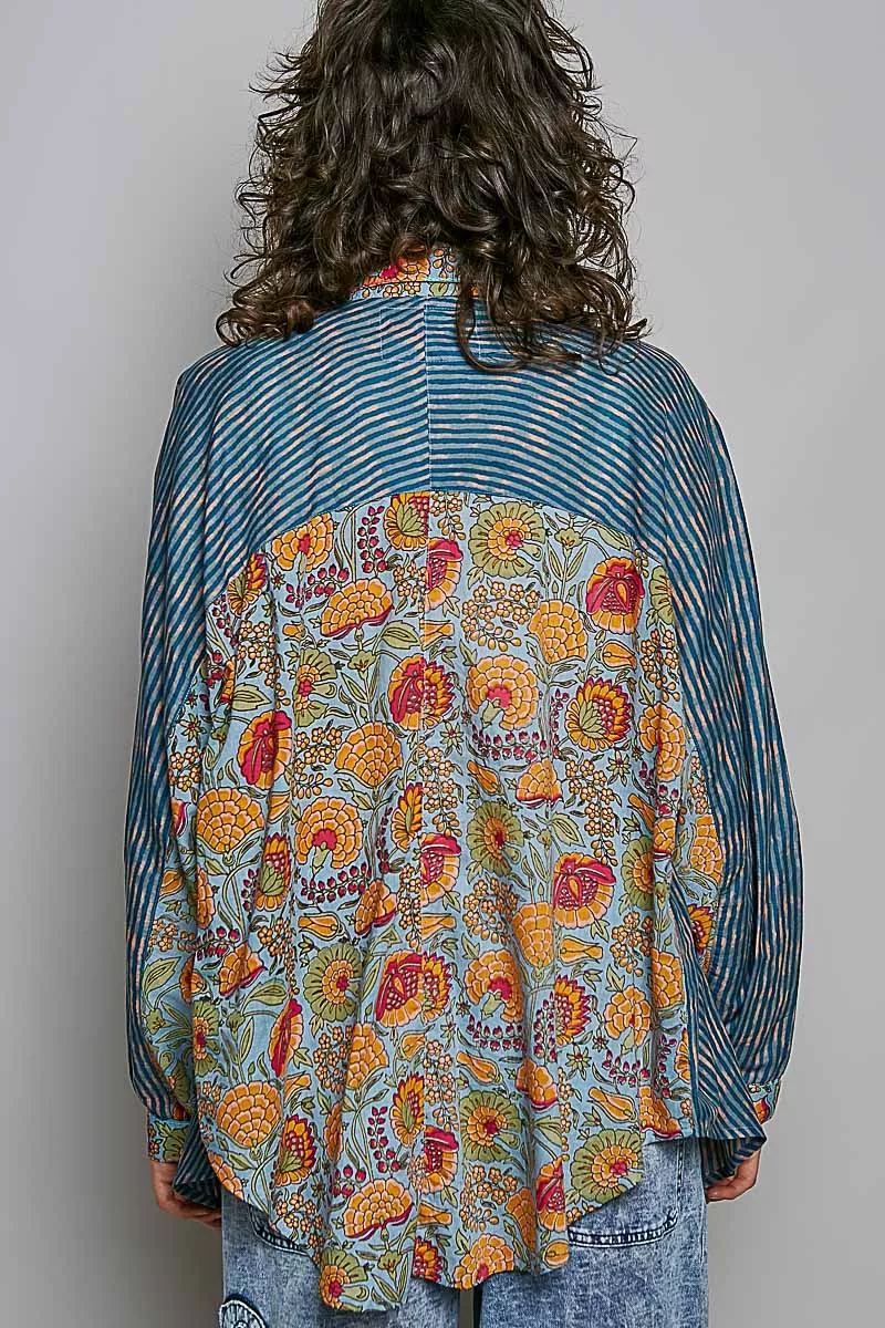 POL Patchwork Mixed Textured Paisley Floral Stripe Long Sleeve Shirt - Image 3