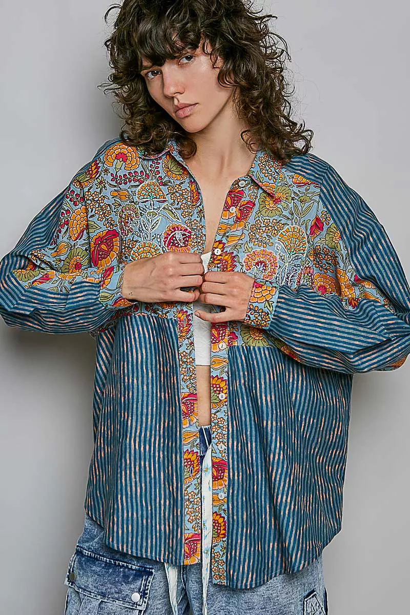 POL Patchwork Mixed Textured Paisley Floral Stripe Long Sleeve Shirt - Image 4