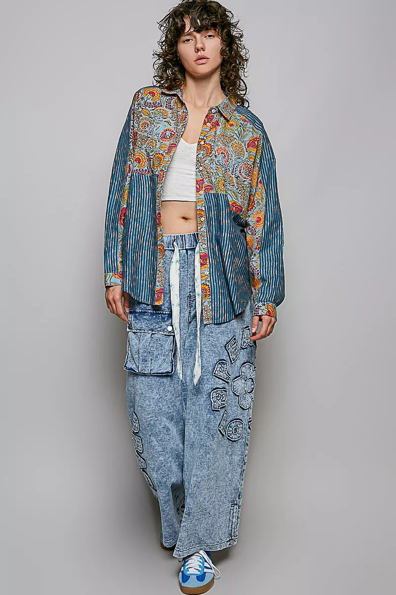 POL Patchwork Mixed Textured Paisley Floral Stripe Long Sleeve Shirt - Image 5