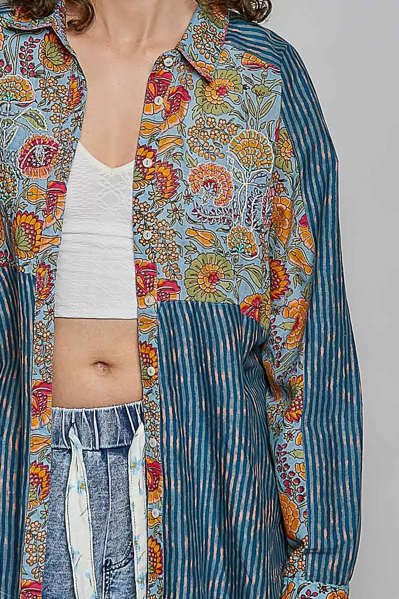 POL Patchwork Mixed Textured Paisley Floral Stripe Long Sleeve Shirt - Image 6